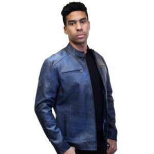 Chaqueta de Cuero Raspada Azul Recta